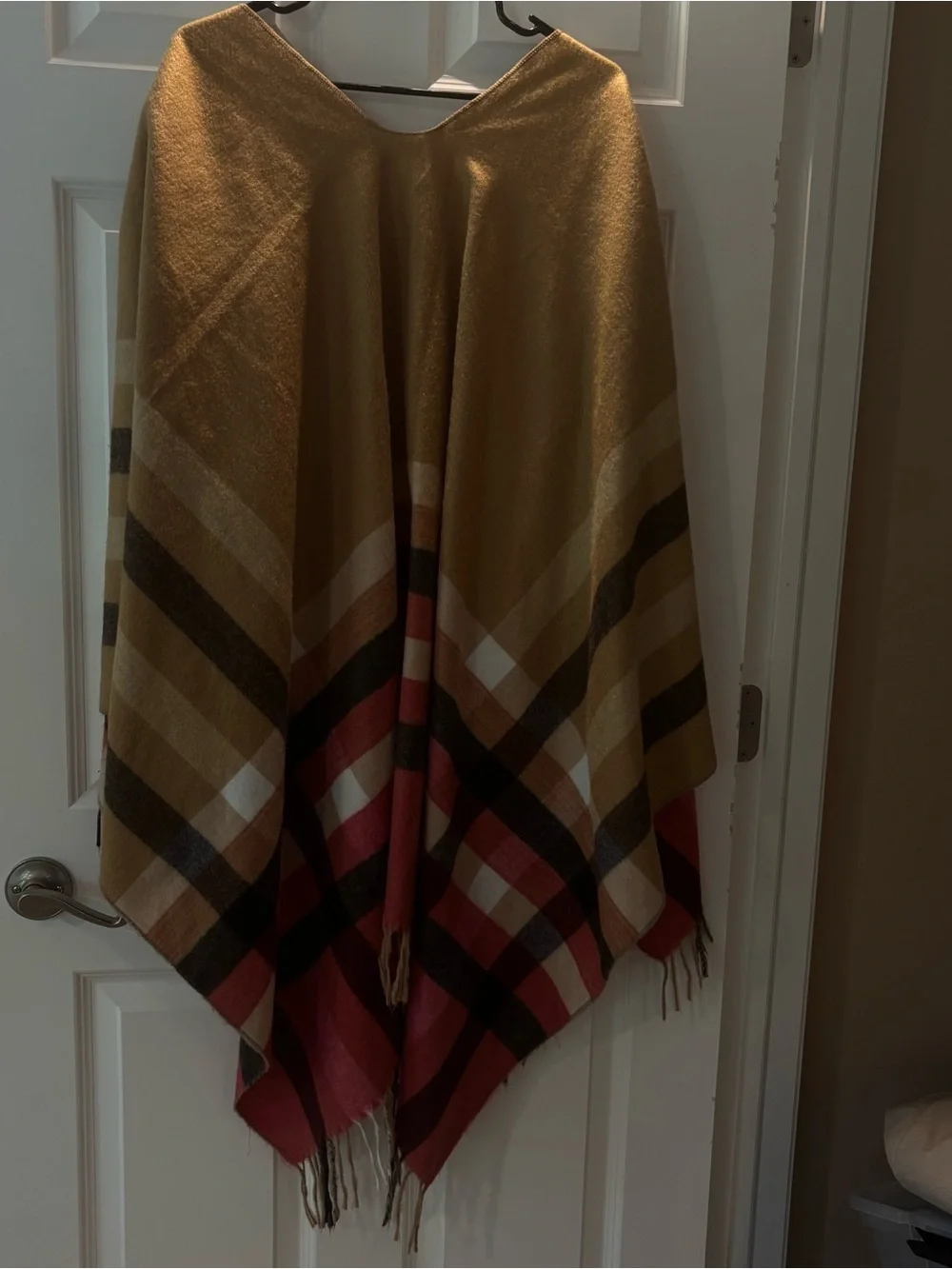 Striped Fringe Throw Poncho in Tan/Black/Pink